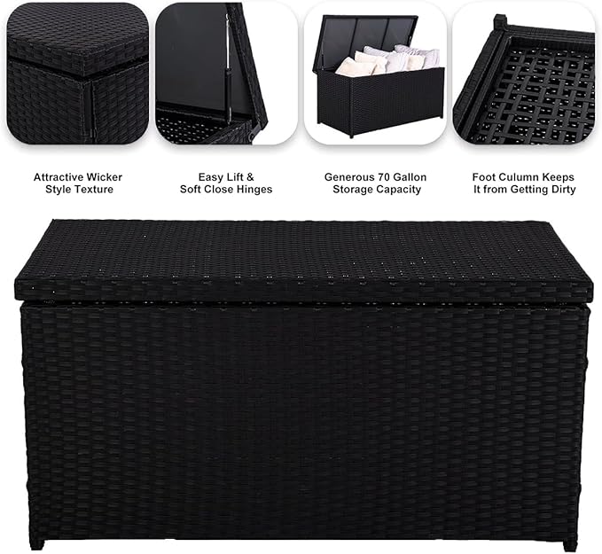 Outdoor 70 Gallon Wicker Storage Box with Waterproof Liner, Patio PE Rattan Storage Container for Outside, Deck Box with Hinged Lid for Cushions, Pillows, Towels, Horizontal Bin, Black-VerdiqueGarden