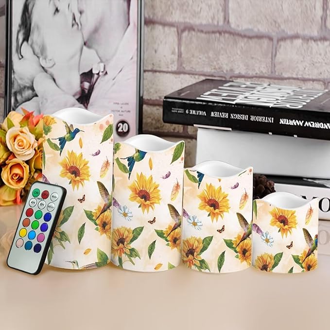 Ystardream Sunflower Hummingbird Flameless Candles with Timer Led Candles Flickering 4 Candle Sets for Home Decor,18 Key Remote Control，Dancing Flame, True Wax, Battery Powered.-VerdiqueGarden