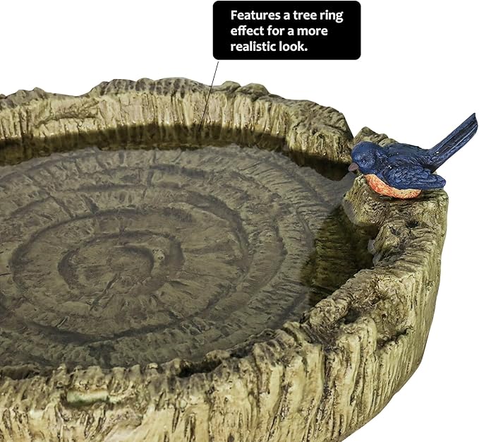 SunJet 24.4 Inch Heigh Wood-Look Concrete Bird Bath with Decorative Faux Bird – birdbath Rustic & Long-Lasting Design, Enhances Garden, Patio, Yard, Lawn Décor-VerdiqueGarden