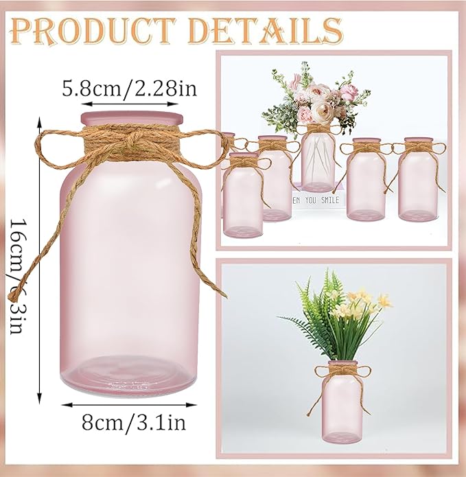 Vintage Glass Flower Vase，12 Pack Pink Farmhouse Glass Centerpiece Vases Mason Jars for Weddings, Parties & Home Decor Bulk (12, Pink)-VerdiqueGarden