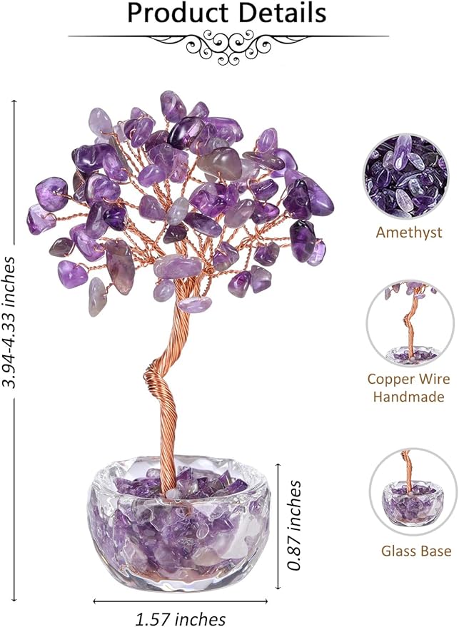 Jovivi Small Amethyst Crystals Tree, Natural Crystal Healing Stones Tree Glass Bowl Base Gemstone Money Trees Feng Shui Good Luck Home Desk Decor-VerdiqueGarden