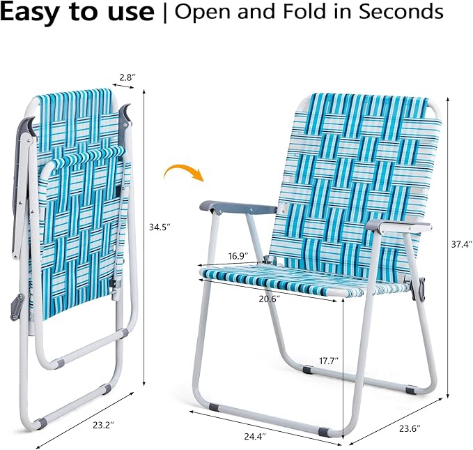 VINGLI Patio Lawn Webbed Folding Chairs Outdoor Beach Portable Camping Chair for Yard, Garden (2, White & Blue, Oversized)-VerdiqueGarden