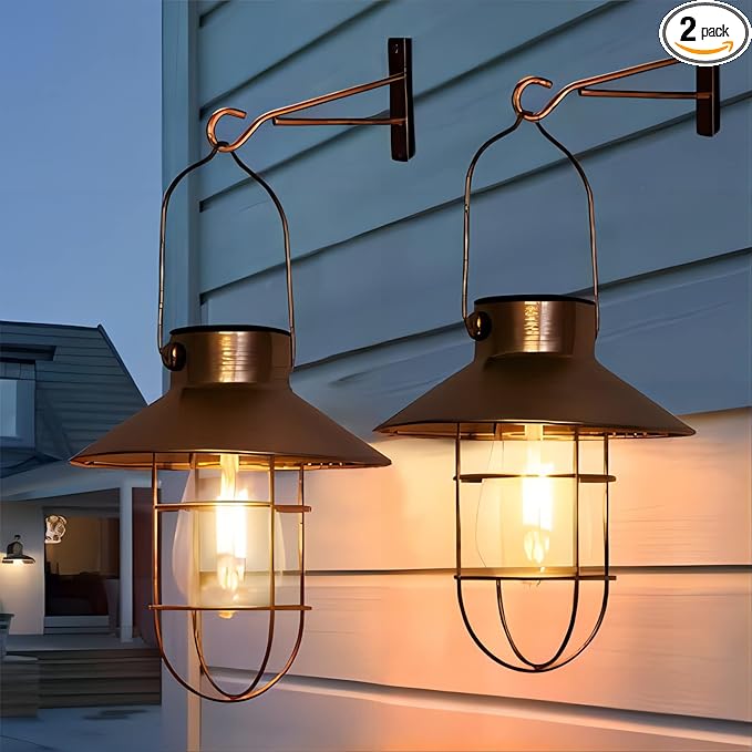 pearlstar Solar Lanterns Outdoor Metal Solar Powered Hanging Lights Waterproof for Barn Wall Yard Garden Patio Garage Balcony Porch Fence Decor, Warm White Edison Bulb (Copper-2pack)-VerdiqueGarden