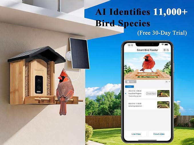 Smart Bird Feeder with Camera for Wild Birds - Identifies 11,000+ Species, Solar Panel Wireless Outdoors Bamboo Birdhouse with Cam, 2K HD Live Video & Instant Alerts - Bird Lover Gifts-VerdiqueGarden