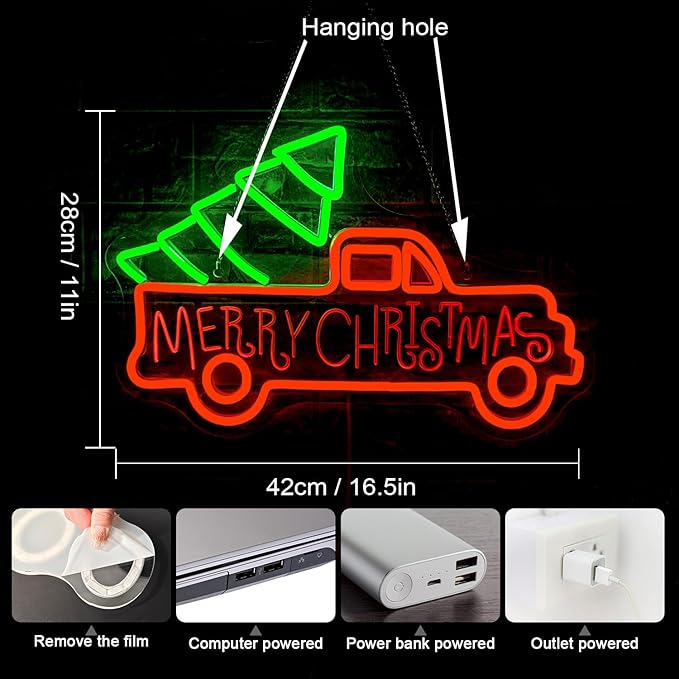 WLHOPE Christmas Truck Neon Sign,Merry Christmas Neon Signs for Wall Decor,Dimmable Merry Christmas Led Signs for Christmas Party Backdrop Bedroom Window Bar Club Shop,Christmas Gift Decoration-VerdiqueGarden