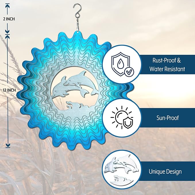Dolphin Wind Spinners for Yard and Garden, Metal Dolphin Ornaments for Garden Décor, Outdoor Wind Spinner, Dolphin Gifts, Outdoor Garden Decoration, 12 inch Dolphin Wall Décor by ISEO-VerdiqueGarden