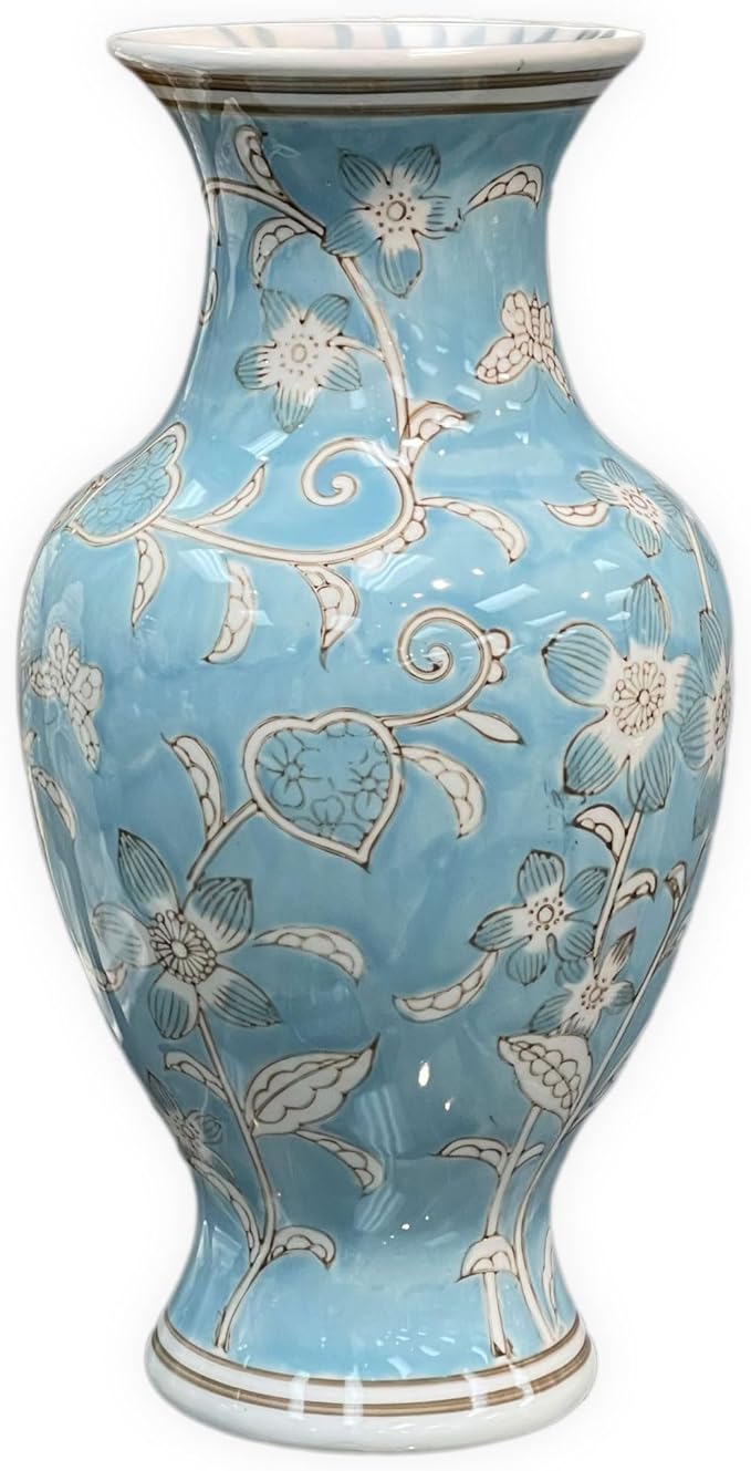 Galt International Light Blue and White Flower & Heart Chinoiserie Ceramic Vase 14"- Hand Painted Antique Style Porcelain Flower Bottle Fishtail Porcelain Chinese Vase for Home Decor Centerpiece-VerdiqueGarden