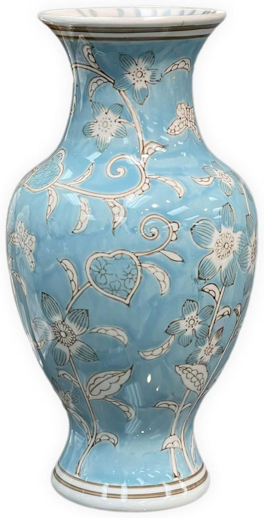 Galt International Light Blue and White Flower & Heart Chinoiserie Ceramic Vase 14"- Hand Painted Antique Style Porcelain Flower Bottle Fishtail Porcelain Chinese Vase for Home Decor Centerpiece-VerdiqueGarden