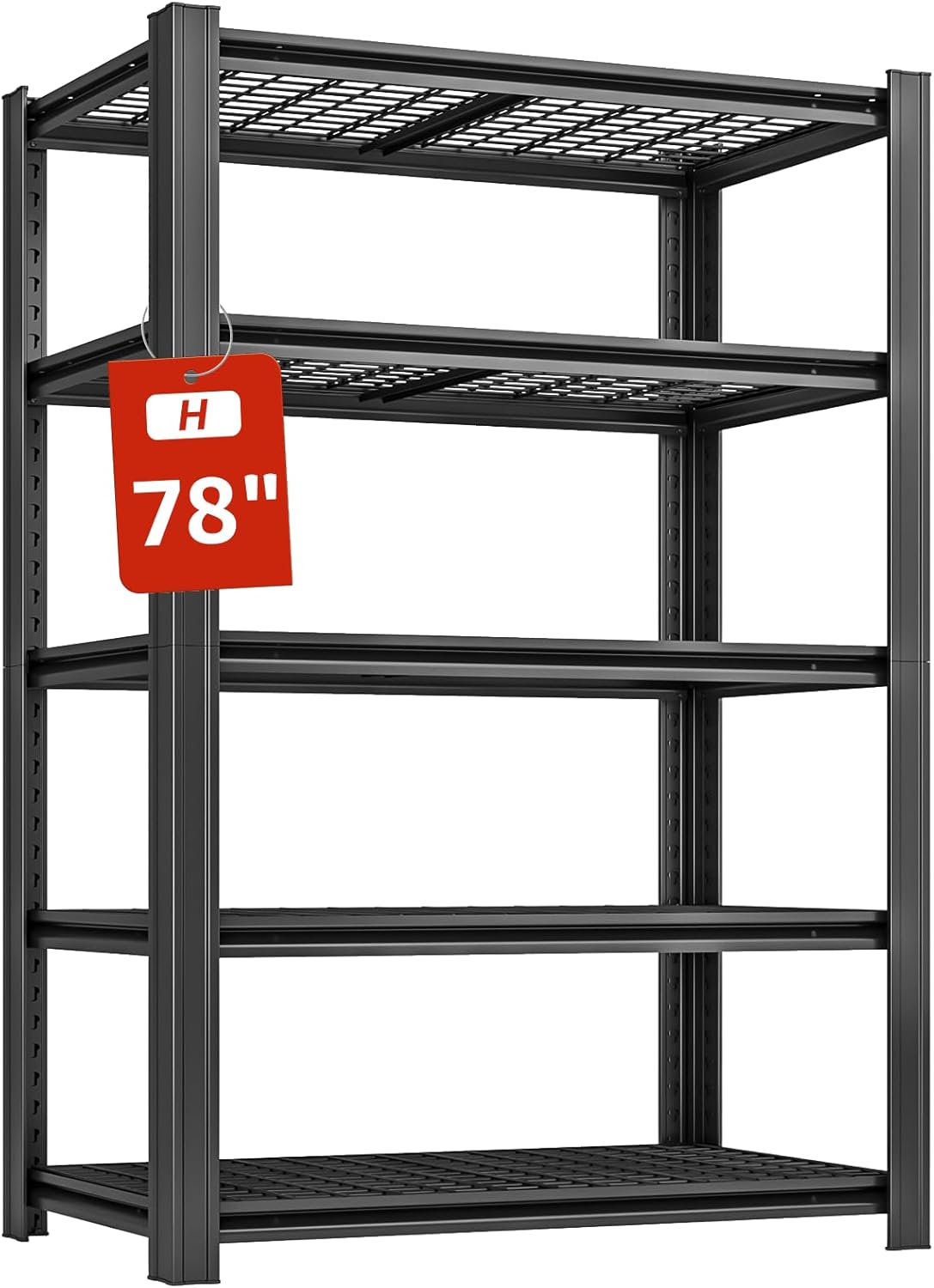 5 Tier Metal Shelving Unit, 78" H x 48" W x 24" D Adjustable Garage Shelves, Heavy Duty Storage Shelves for Warehouse, Basement, Kitchen, Pantry, Living Room, 2500LBS, Black-VerdiqueGarden
