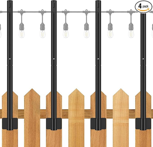 Suchtale 4 Pack 2.8 FT String Light Poles, Suspension Outdoor Fence Post Lights with Clip and Bracket, Outside String Lights Hanging, Wall Mounting Stand for Patio Garden Backyard Wedding Party, Black-VerdiqueGarden