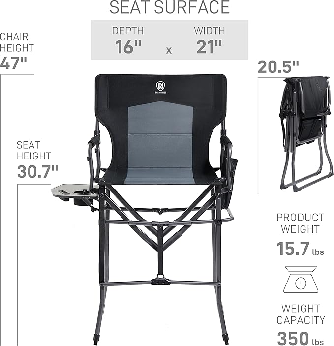 EVER ADVANCED 2 Piece Portable 30.7" Seat Height Tall Folding Camping Chair Directors Chair High with Side Table for Makeup Artist, Sports Event, Craft Show, Supports 350LBS Black Grey-VerdiqueGarden
