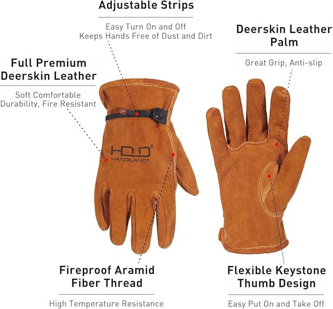 HLDD HANDLANDY Leather Work Gloves for Men & Women, Adjustable Wrist Cowhide Gardening Glove with Reinforced Palm for Driver-VerdiqueGarden