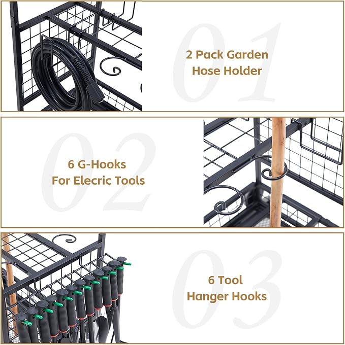Lauren&Harold Garden Tool Organizer for Garage, Yard Tools Storage Rack with 2 Stair-Climbing Wheels, Gardening Tool Storage Holder for Garage, Yard, Lawn and Outdoor, Garden Tool Rolling Cart-VerdiqueGarden