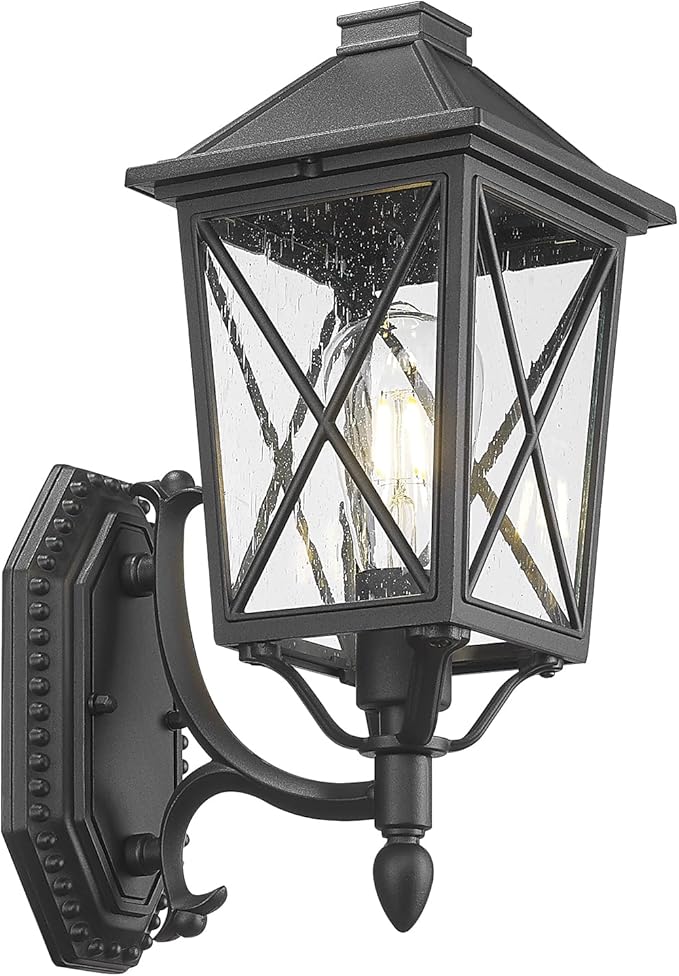 Darkaway Outdoor Wall Light Fixture,Outside Porch Lights Wall Mounted Seeded Glass Exterior Waterproof Lantern Modern E26 Socket Wall Sconce Lighting for Front Door Yard Patio-VerdiqueGarden