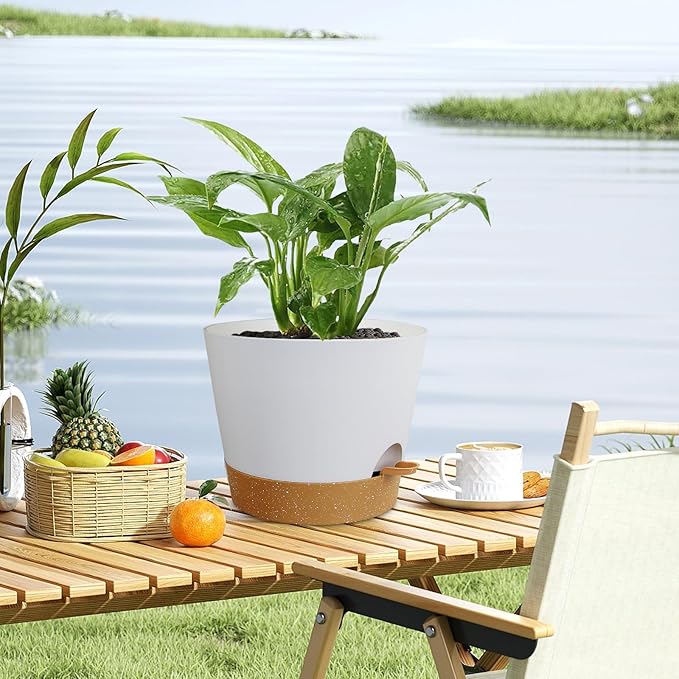 12 inch Large Self Watering Pots for Indoor Outdoor Plants, Flower Plant Pots with Drainage Holes for Garden House Plants, Plastic Planters with Reservoir for Home Plants, White with Brown-VerdiqueGarden
