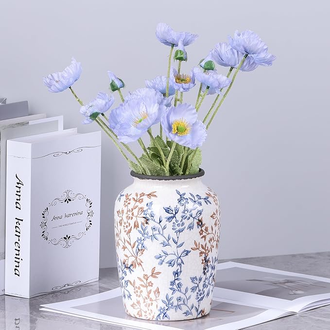 Vintage Vase for Flowers,Blue Chinoiserie Ceramic Vase,Rustic Farmhouse Cracked Vases,for Flower Arrangement,Living Room, Office, Shelf, Fireplace Tables,Centerpieces,Chinoiserie Pottery Decor(C)-VerdiqueGarden