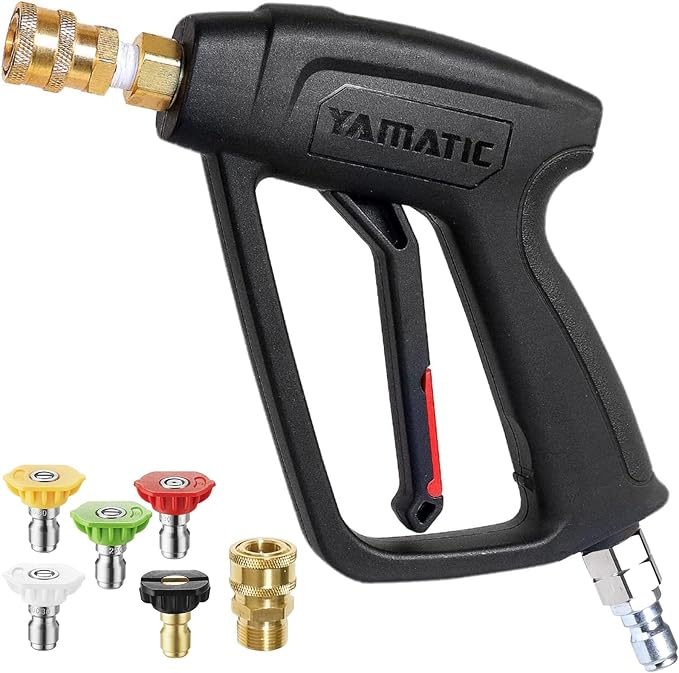 YAMATIC Short Pressure Washer Gun with Stainless Steel Swivel 3/8" Quick Connector, Power Washer Handle with Easy Pull Trigger Replacement for Ryobi, Simpson, Craftsman, DeWalt, 4000 PSI-VerdiqueGarden
