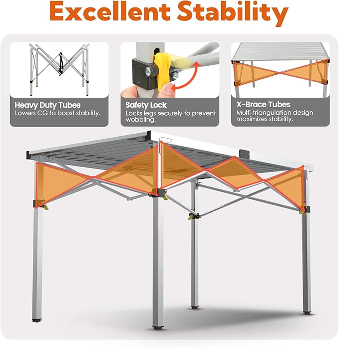 Large 46.4" Camping Table for 2-6 People - 220lbs Capacity Heavy Duty Foldable Outdoor Table with Aluminum Roll-Up Top & Carry Bag, Portable Picnic Desk for BBQ, Tailgating, Backyard (Silver)-VerdiqueGarden