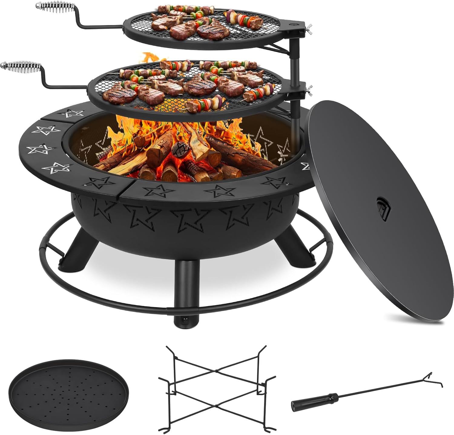 32.5" 3-in-1 Fire Pit Table with Dual Grills – Wood Burning Firepit for Outside Cooking, BBQ Grate & Round Patio Table – Includes Charcoal Pan, Log Rack,Poker & Lid for Backyard, Garden-VerdiqueGarden