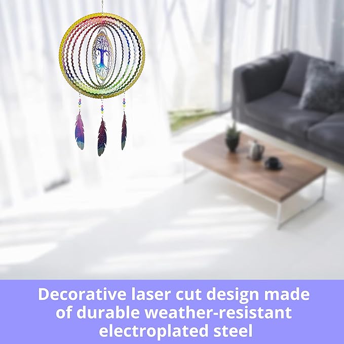 VP Home Tree of Life Dreamcatcher with Feathers Kinetic Wind Spinners - Native American Garden Decor - Sculpture Spinner for Yard and Garden Outdoor - Metal Large Hanging Dreamcatcher - 10"W x 16.5"H-VerdiqueGarden