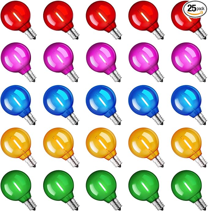 Brightown 25 Pack Multicolor G40 LED Christmas Replacement Light Bulbs, UL Listed, 1 Watt E12/C7 Candelabra Base Plastic Shatterproof LED Globe Edison Bulbs, Easily Screw in Strings Spools Strands-VerdiqueGarden