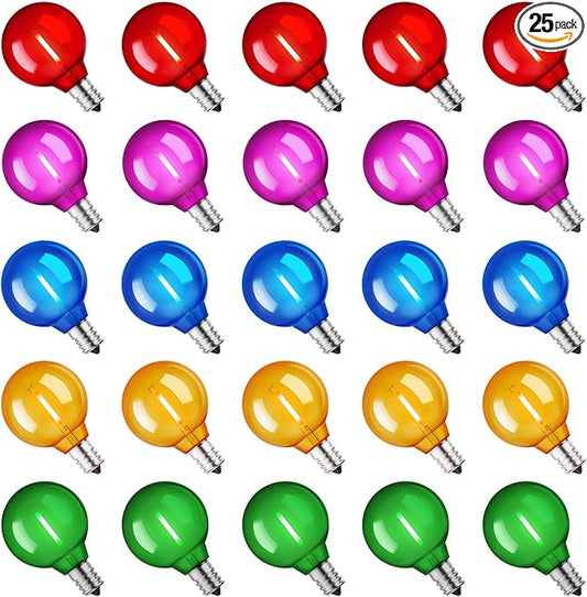 Brightown 25 Pack Multicolor G40 LED Christmas Replacement Light Bulbs, UL Listed, 1 Watt E12/C7 Candelabra Base Plastic Shatterproof LED Globe Edison Bulbs, Easily Screw in Strings Spools Strands-VerdiqueGarden