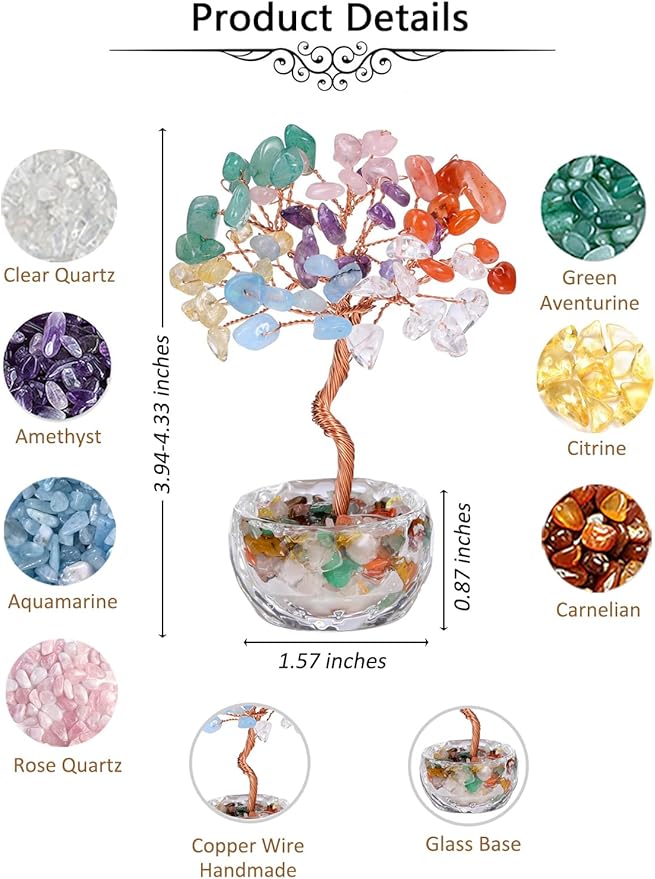 Jovivi Small 7 Chakra Crystals Tree, Natural Crystal Healing Stones Tree Glass Bowl Base Gemstone Money Trees Feng Shui Good Luck Home Desk Decor-VerdiqueGarden