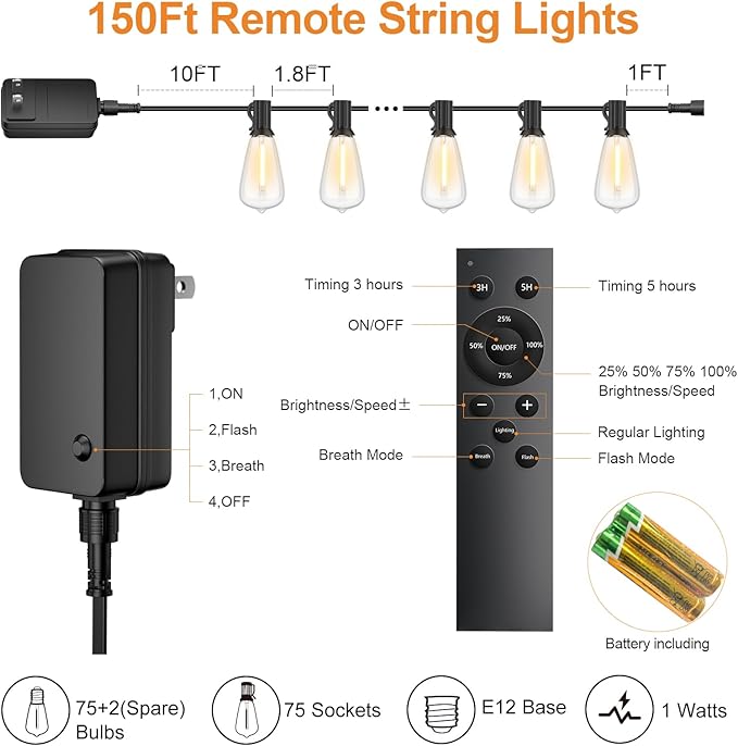 150FT Outdoor String Lights with Remote, Garden Patio Decor with 2500K Warm White, 75+3 LED Edison Bulbs, Support Timer Dimmable Waterproof Shatterproof for Yard Outside Porch Deck Backyard-VerdiqueGarden