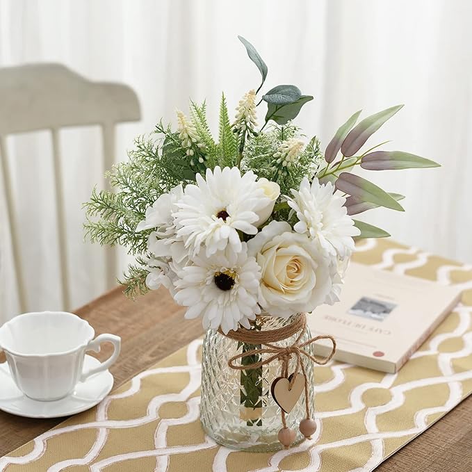 Artificial White Flowers with Vase, Fake Flowers Arrangement for Home Decor, Faux Flowers for Farmhouse Coffee Table Decor, House Kitchen Centerpiece Table Decorations-VerdiqueGarden
