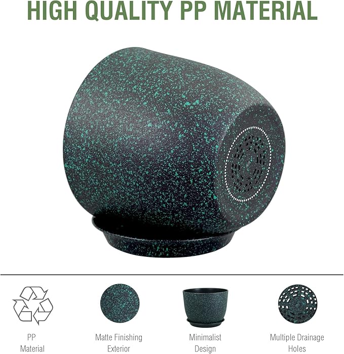 12 inch Large Plant Pots, Plastic Planters with Drainage Holes and Saucers, Flower Pots for Indoor Outdoor Plants, Decorative Pots for Garden House Plants, Black with Green Speckles-VerdiqueGarden