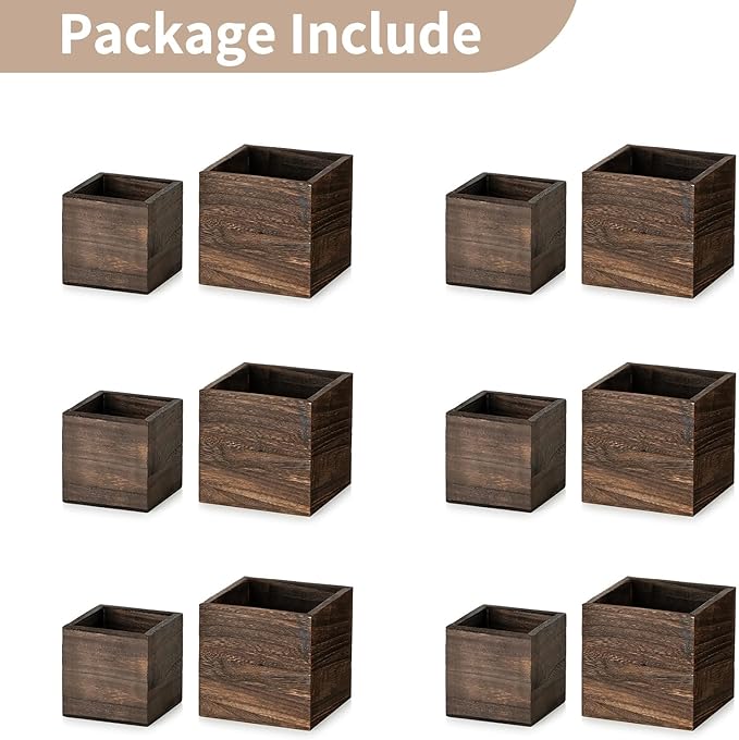 NUPTIO Wooden Box for Centerpiece Wedding: 12 Pcs Rustic Square Planter Box for Christmas Centerpiece Table Fall Decorations - 4×4" & 5×5" Small Wood Vases Flower Pots for Windowsill Home Garden Decor-VerdiqueGarden
