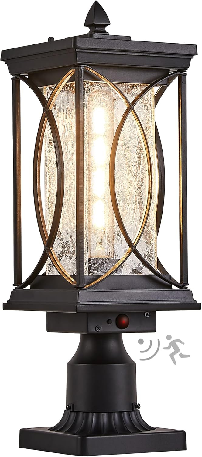 Motion Outdoor Post Lantern Dusk to Dawn Pillar Lamp with 3 Inch Pier Mount Adapter, Black Pole Light Aluminum with Crackle Glass Motion Outdoor Post Lights for Patio, Yard, Garden, Pathway-VerdiqueGarden