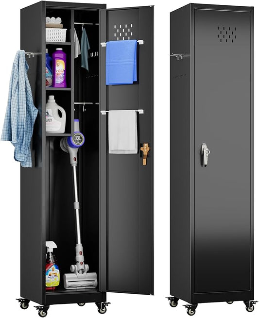 72''H Metal Broom Closet Storage Cabinet with Wheels & Pegboards, Mops Broom Closet Organizer with Locking Door & Hanging Rod,Cleaning Tool Garage Storage Cabinet,Assembly Required,Black-VerdiqueGarden