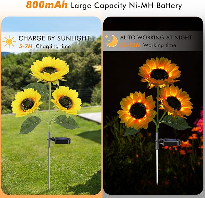 Solar Sunflower Lights, 800mA Solar Garden Light with Real Looking Flowers Outdoor Waterproof Solar Stake Lights for Back Yard, Flower Bed, Pathway, Patio, Porch, Fall Decoration (4 Pack)-VerdiqueGarden