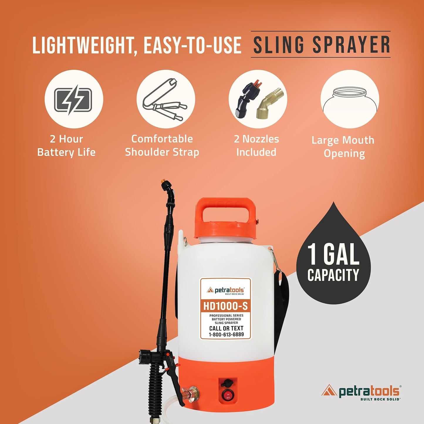 PetraTools Battery Powered Sprayer 1 Gallon - HD1000-S - Heavy Duty Electric Sprayers in Lawn and Garden for Weed/Pest Control, Watering & More - with 8 Nozzles & Strap (1 Gallon ProKit)-VerdiqueGarden