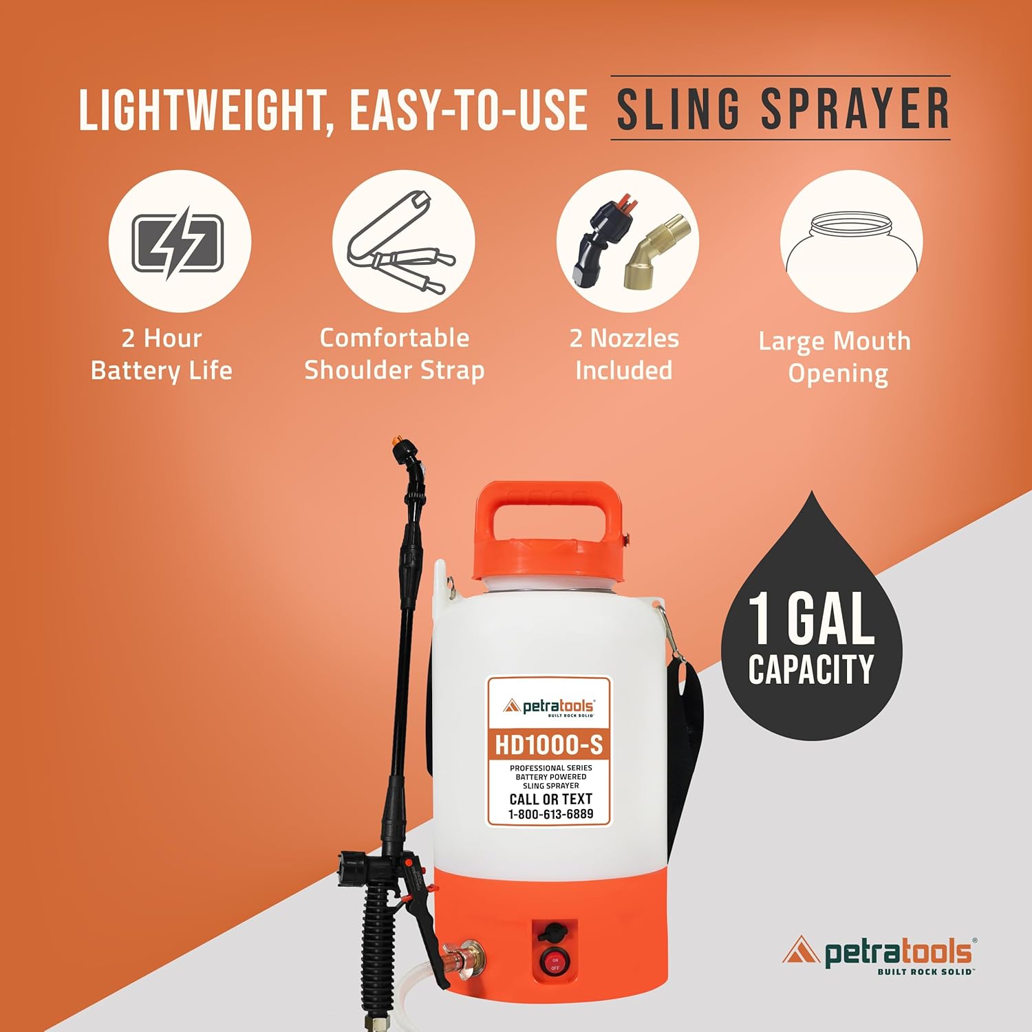 PetraTools Battery Powered Sprayer 1 Gallon - HD1000-S - Heavy Duty Electric Sprayers in Lawn and Garden for Weed/Pest Control, Watering & More - with 8 Nozzles & Strap (1 Gallon ProKit)-VerdiqueGarden