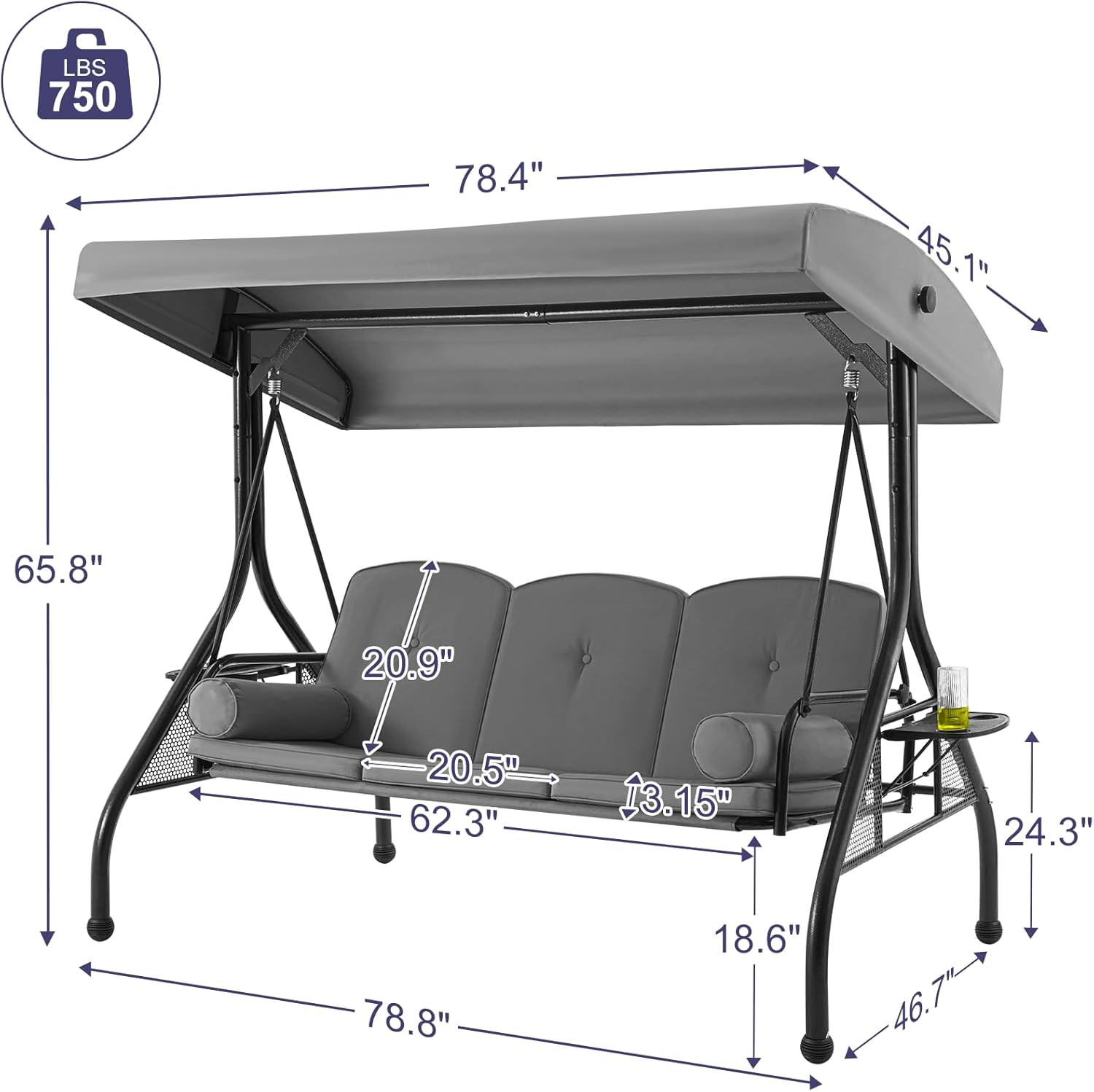 HOMREST 3 Seat Outdoor Porch Swing with 1.5" Deep Cup Holder, Adjustable Canopy,Patio Swing Bed with Stand, Patio Glider Swing with Thicken Cushions, Pillow（Grey）-VerdiqueGarden