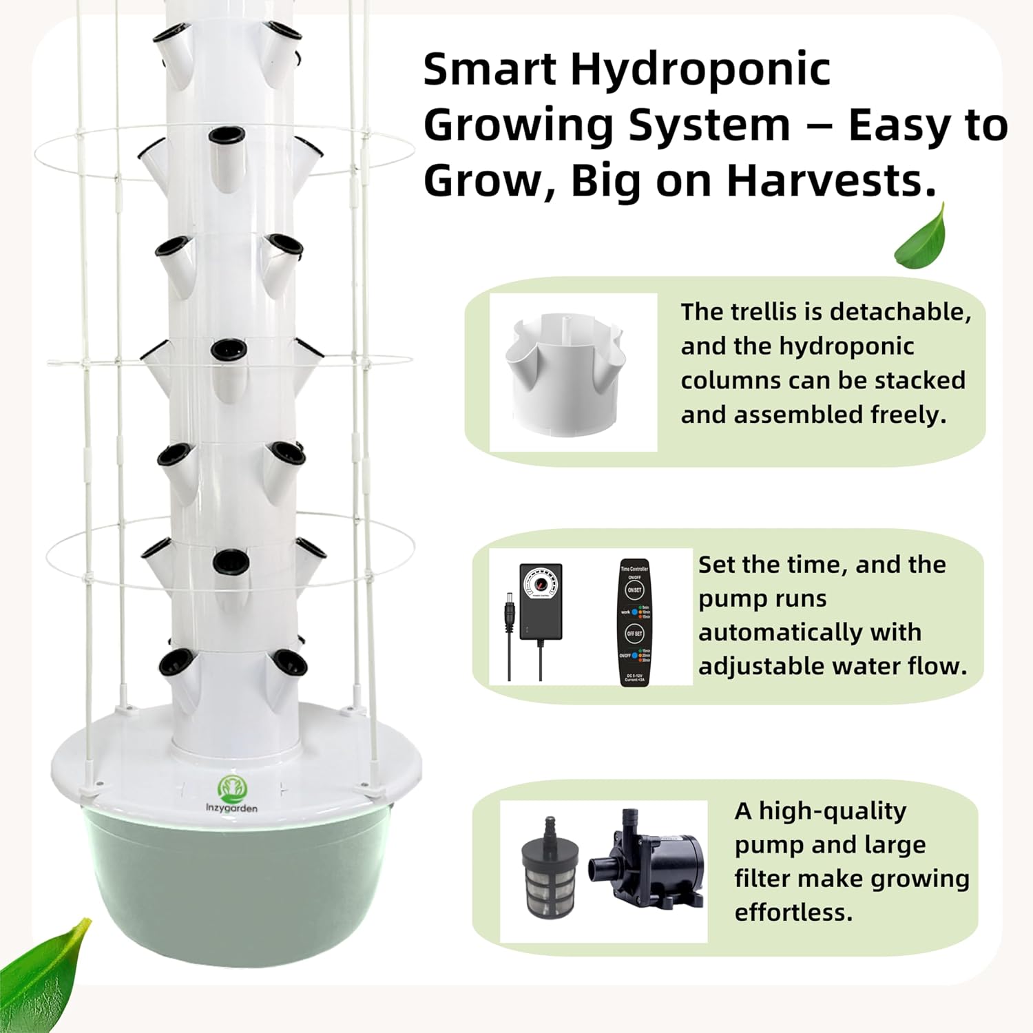 Hydroponic Growing System Kit, Vertical Hydroponic Tower with Trellis, Indoor & Outdoor Herb Garden, Vegetable Tower with 40 Planting Pods, Automatic Timer, Ideal for Gardeners & Beginners-VerdiqueGarden