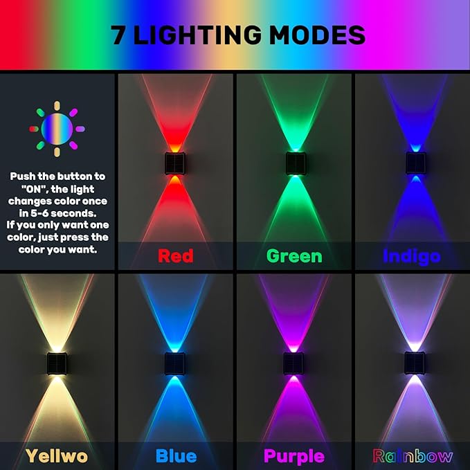 2LEDs Multi-Color Solar Wall Lights, Up and Down Lighting Solar Outdoor Light Waterproof IP65, Solar Fence Light for Yard Garden Garage (4 Pack)-VerdiqueGarden