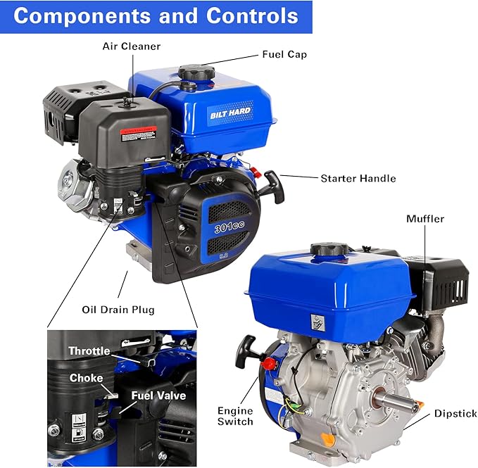 BILT HARD 301cc 10HP Gas Powered Engine, Horizontal 4 Stroke OHV Gas Motor, Shaft 1" Diameter, 3.48" Length, 1/4" Keyway, Replacement for Compressor, Log Splitter-VerdiqueGarden