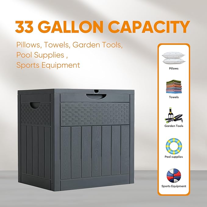 33 Gallon Resin Deck Box, Weatherproof Outdoor Storage Box for Patio, Garden, Pool, and Yard, Lockable Waterproof Bin for Tools, Cushions, and Accessories, Grey-VerdiqueGarden
