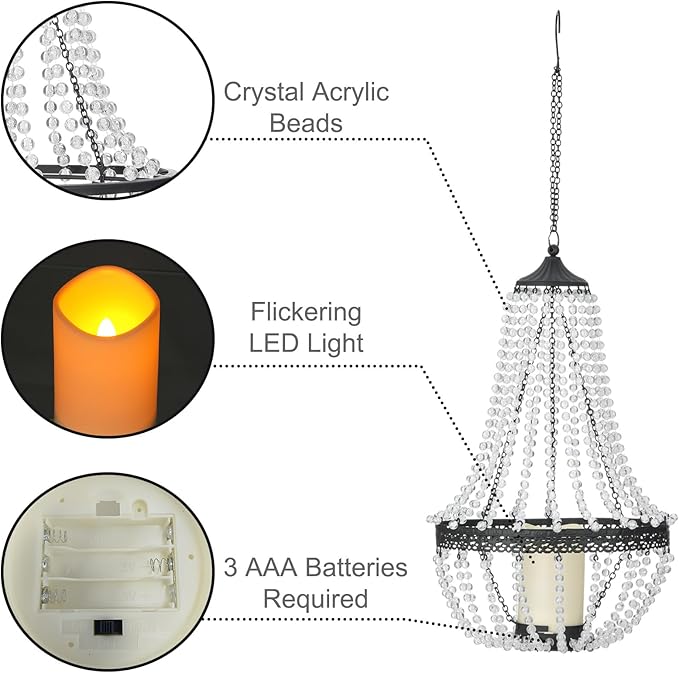 Hanging Candle Lantern, 27” Battery Operated Modern Clear Acrylic Crystal Chandeliers with Flickering Yellow Led Candle Light S Hooks for Garden, Backyard, Gazebo, Room Indoor Outdoor Decor-VerdiqueGarden