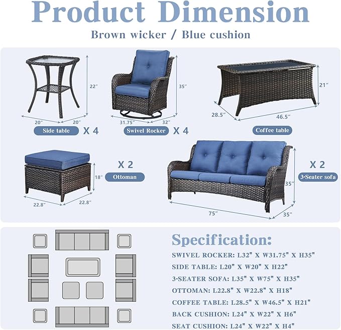 Wicker Patio Furniture Sets - 13 Piece Outdoor Rattan Furniture Conversation Sets with 4 Swivel Rocker Chairs, 2 Rattan Sofas, Wicker Ottomans and Coffee Table, Brown/Blue-VerdiqueGarden