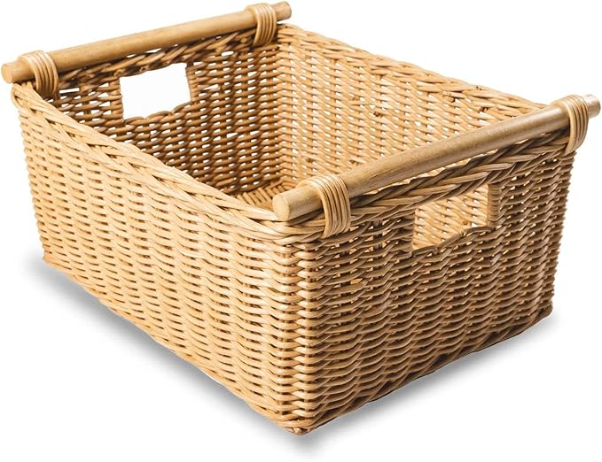The Basket Lady Pole Handle Wicker Storage Basket, Medium, 16 in L x 12 in W x 8.25 in H, Sandstone-VerdiqueGarden