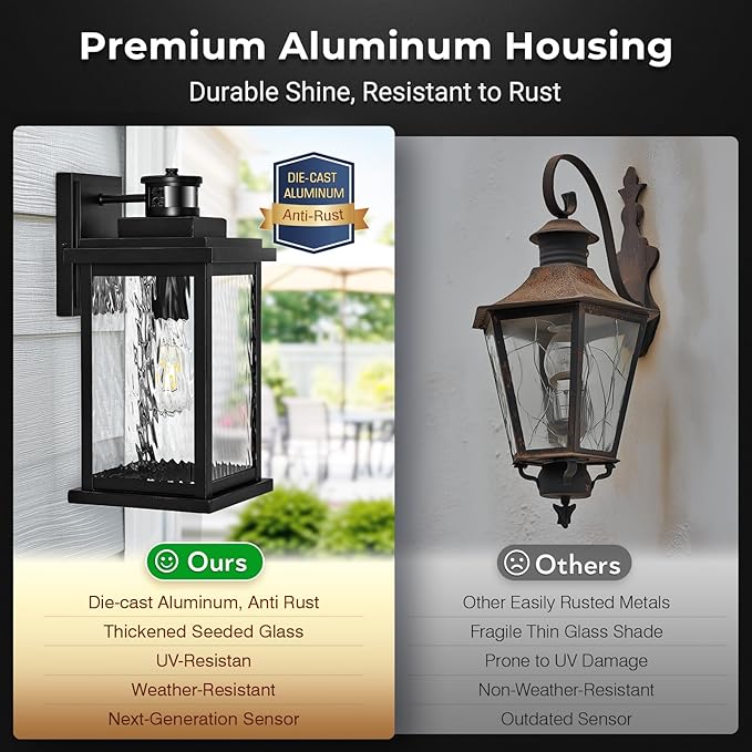VIANIS Large Advanced Motion Sensor Outdoor Lights, Black Easy-to-Install Dusk to Dawn Outdoor Wall Lights, Aluminum Waterproof Porch Light with Water Glass for Porch, Garden, Front Door-VerdiqueGarden