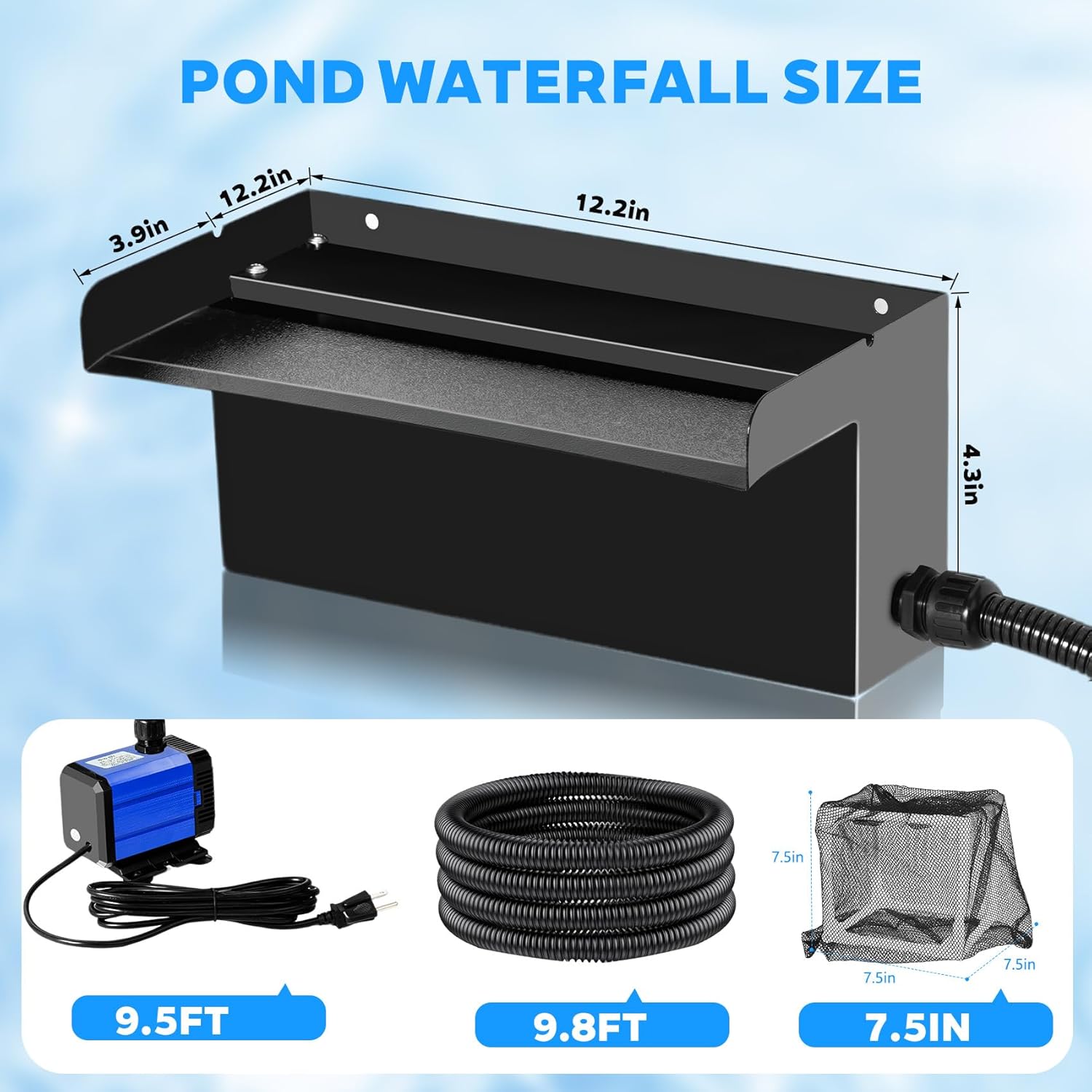 Pond Waterfall Kit with Pond Filter Box - 55W Submersible Pump & 12" Adjustable Waterfall Spillway | Complete Set with Extra Long Hose for Garden Ponds, Backyard Water Features-VerdiqueGarden