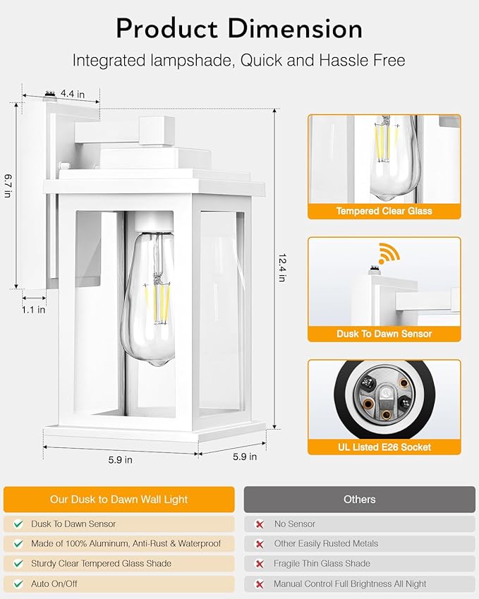 VIANIS White Outdoor Wall Lights, Dusk to Dawn Porch Lights, Anti-Rust Exterior Lighting Fixtures, Dusk to Dawn Outdoor Lighting with Tempered Glass for House, Porch, Garden, Hardwired, Non-Solar-VerdiqueGarden