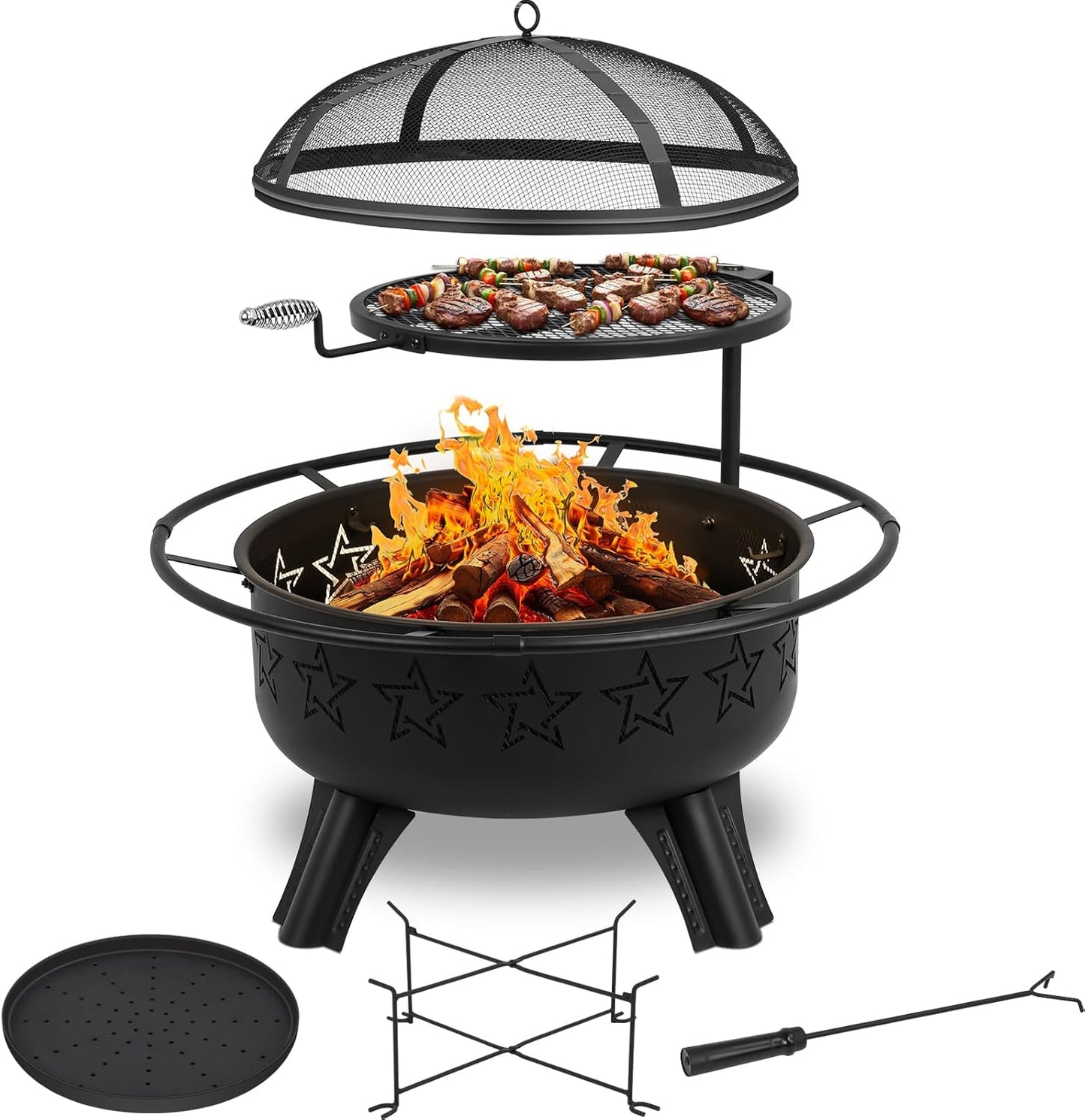 31" 2-in-1 Wood Burning Fire Pit with Swivel BBQ Grills & Spark Screen for Outside - Heavy Duty Outdoor Firepit with Charcoal Pan, Log Rack & Poker - for Backyard, Patio, Garden Bonfire-VerdiqueGarden