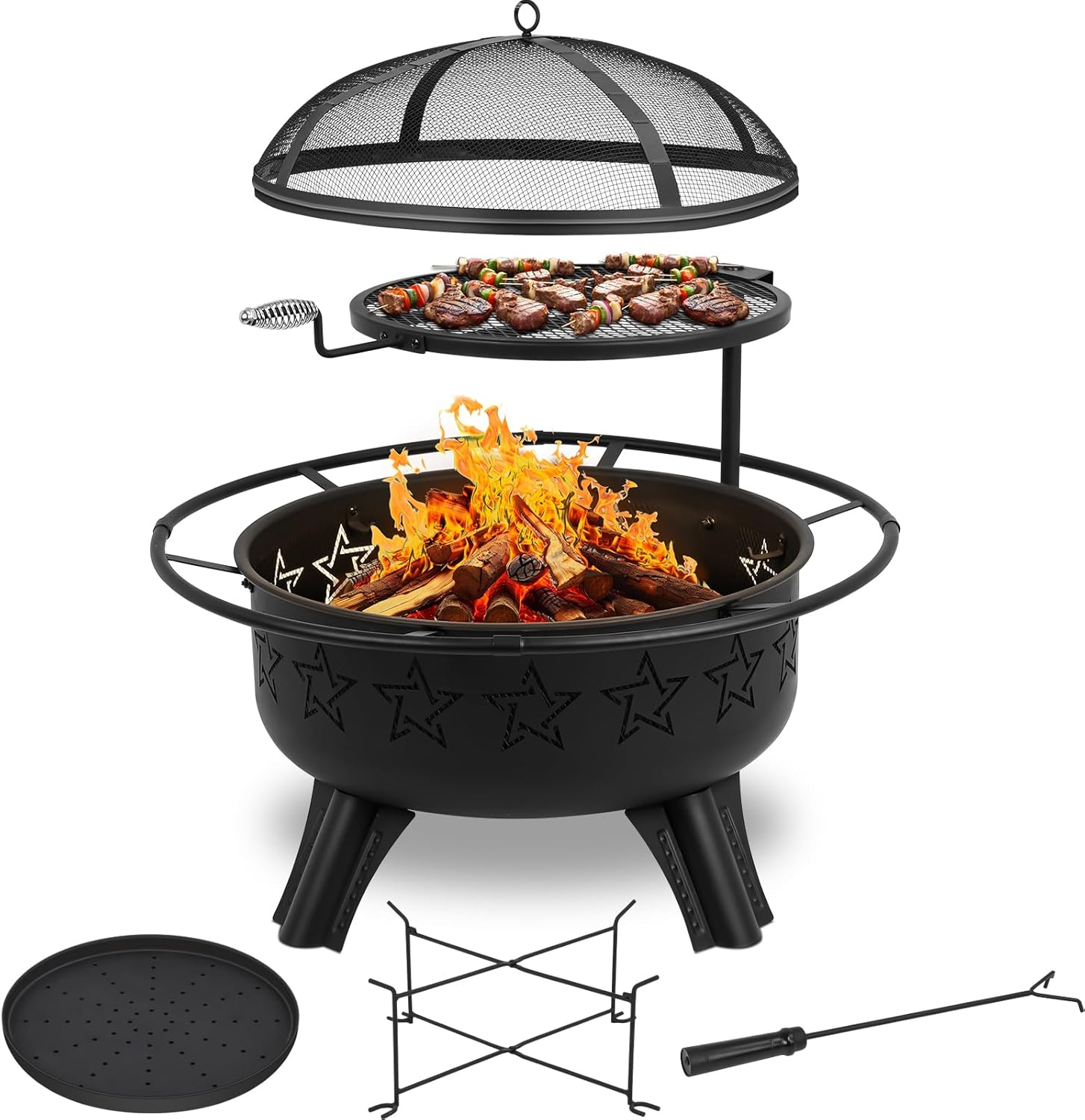 31" 2-in-1 Wood Burning Fire Pit with Swivel BBQ Grills & Spark Screen for Outside - Heavy Duty Outdoor Firepit with Charcoal Pan, Log Rack & Poker - for Backyard, Patio, Garden Bonfire-VerdiqueGarden