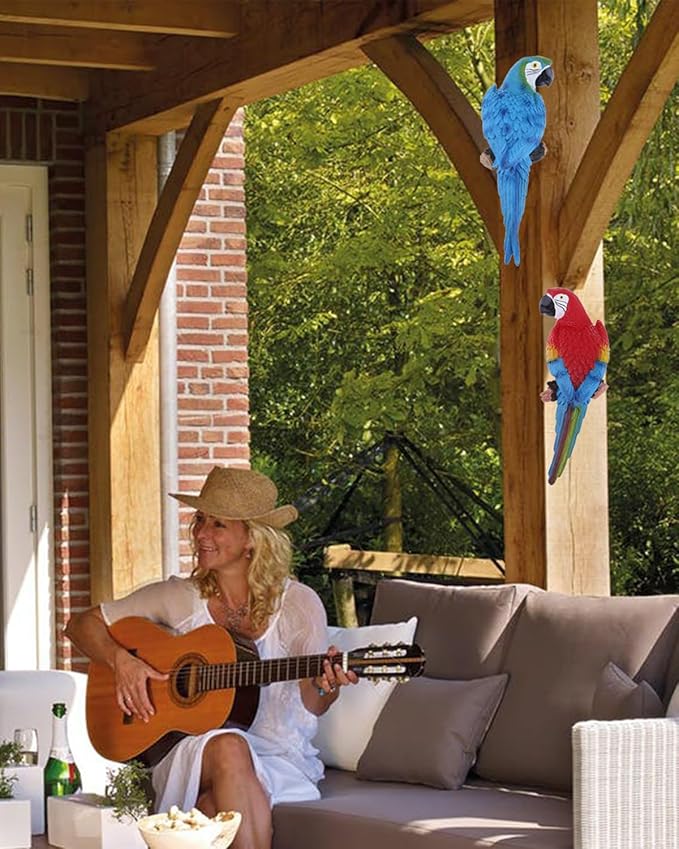 Parrot Decor Tiki Decorations for Outside Patio, Large Realistic Parrot Statues for Pool Deck Garden Yard Lawn, Lifelike Bird Sculpture Tropical Animal Figurines for Tree Wall Decor(Red)-VerdiqueGarden